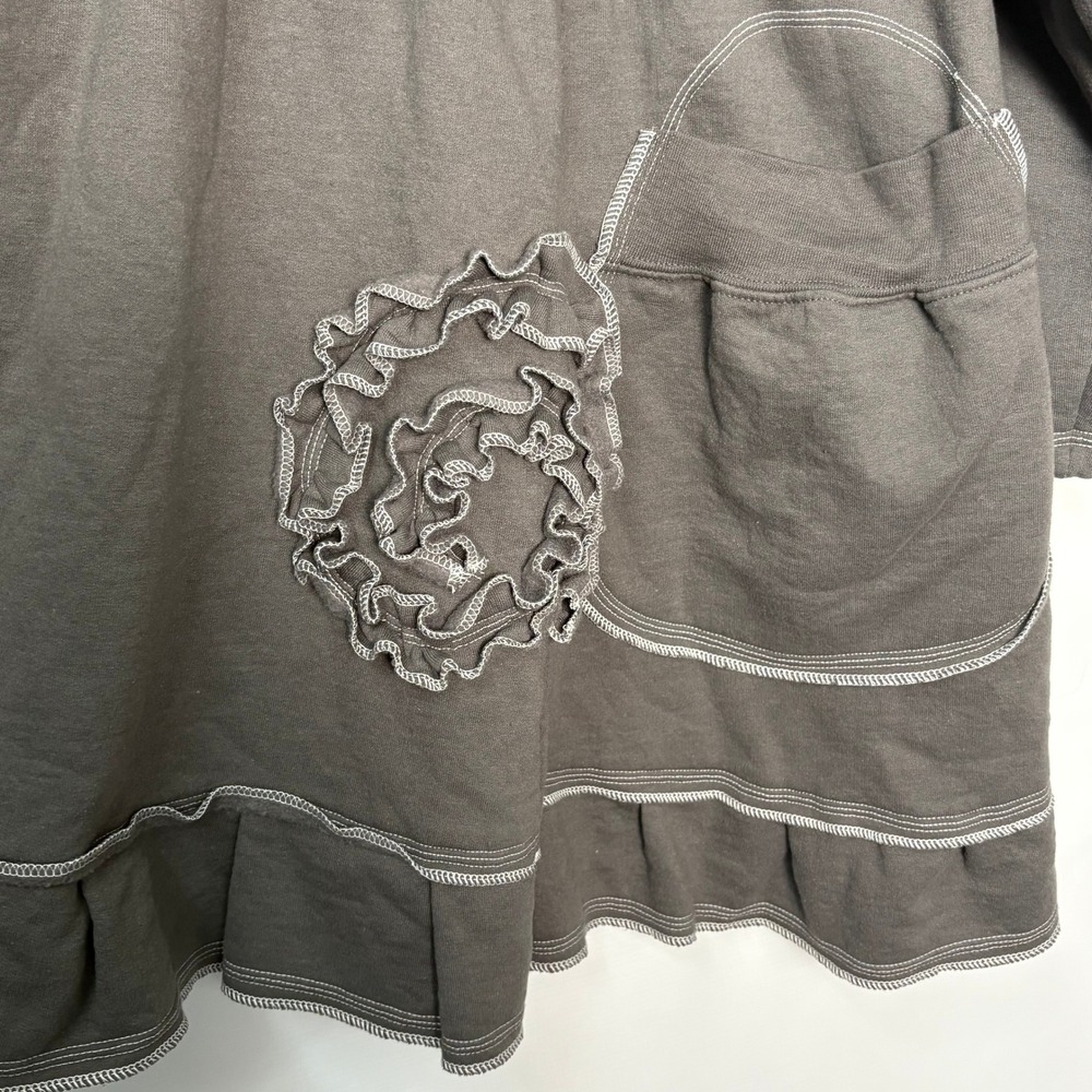 Charcoal Gray Ruffle Rosette Babydoll Sweatshirt Tunic Dress Lagenlook Mori Kei - Picture 2 of 5